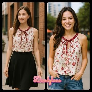 Kensie Floral Ruffle Blouse - Red and white size  Large